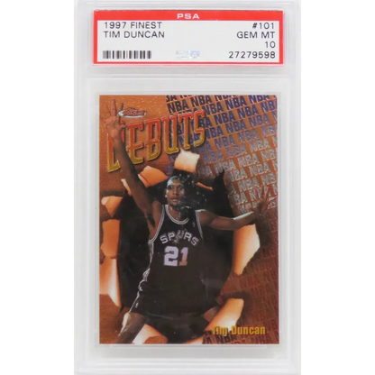 PSA 10 GEM MINT 1997 Finest Tim Duncan Rookie Card #101 displayed in collector’s box