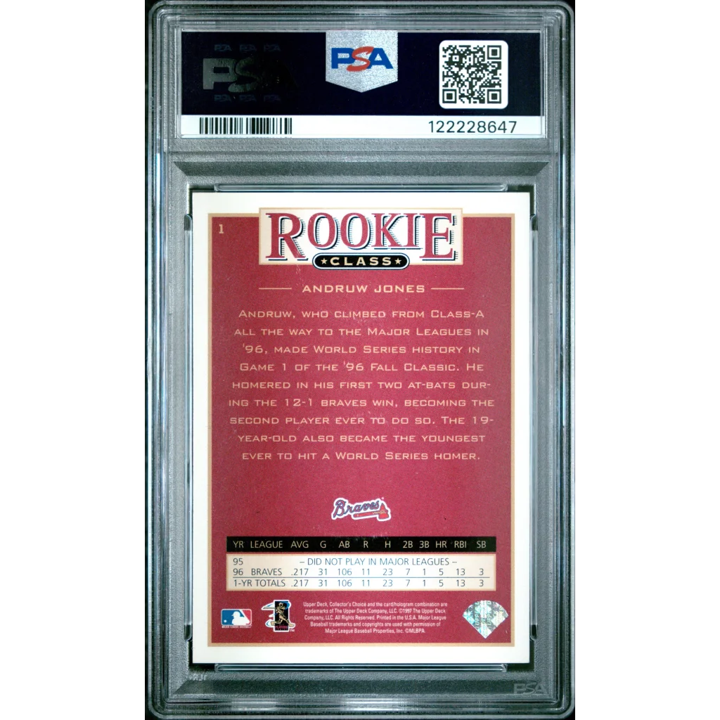Graded 1997 Upper Deck Collectors Choice Andruw Jones #1 Rookie RC Baseball Card PSA 9 Mint | PSA 9 Mint Graded Rookie Card | vintageantiquesgifts.com