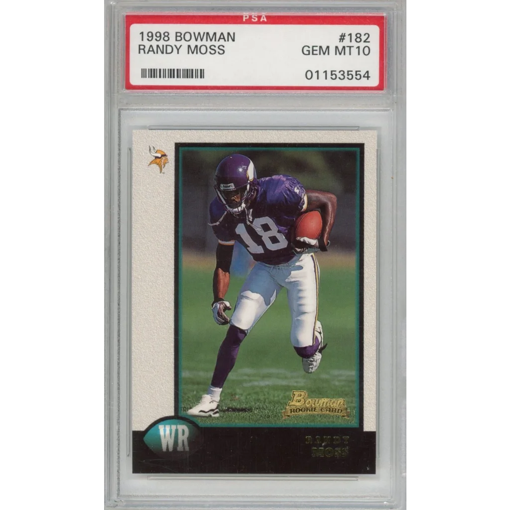 Graded 1998 Bowman Randy Moss #182 Rookie RC Football Card PSA 10 Gem Mint | Hall of Fame Sports Memorabilia | vintageantiquesgifts.com