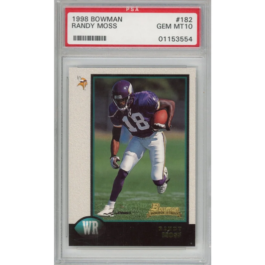 Graded 1998 Bowman Randy Moss #182 Rookie RC Football Card PSA 10 Gem Mint | Hall of Fame Sports Memorabilia | vintageantiquesgifts.com