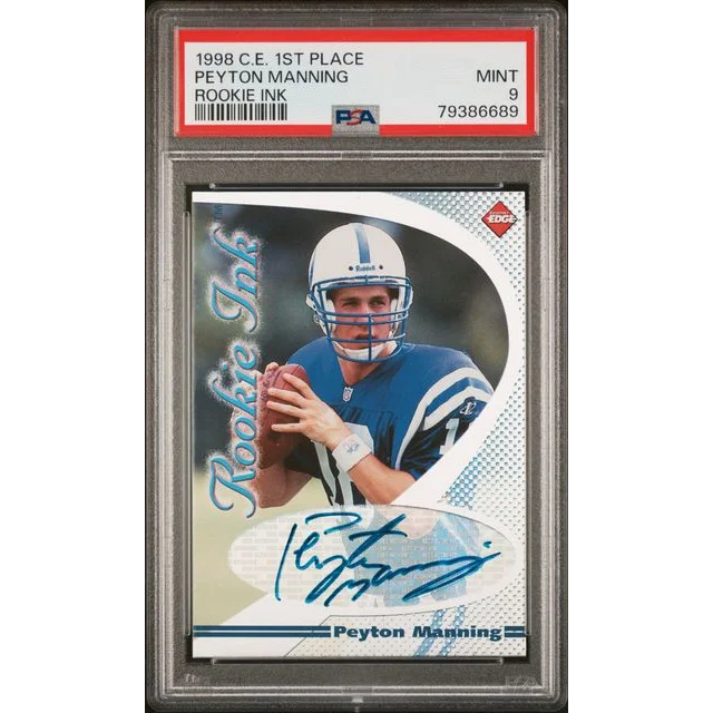 PSA Graded 1998 Peyton Manning Rookie Ink autographed football card on display