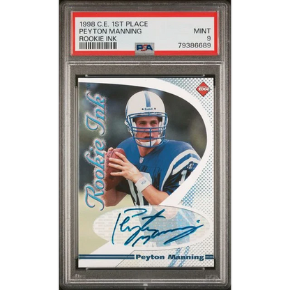 PSA Graded 1998 Peyton Manning Rookie Ink autographed football card on display