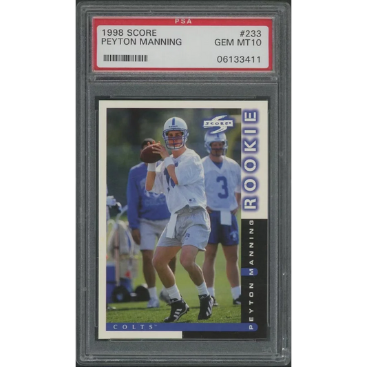 A graded 1998 Score Peyton Manning rookie football card certified GEM MT 10