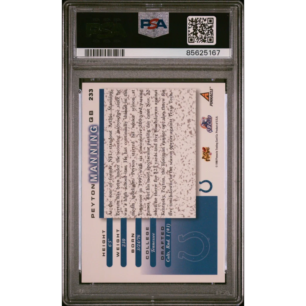 Psa graded 2018 playoff finale peyton manning football trading card back showing stats and blue white design