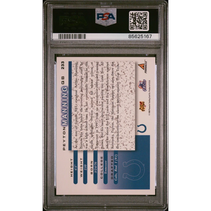 Psa graded 2018 playoff finale peyton manning football trading card back showing stats and blue white design