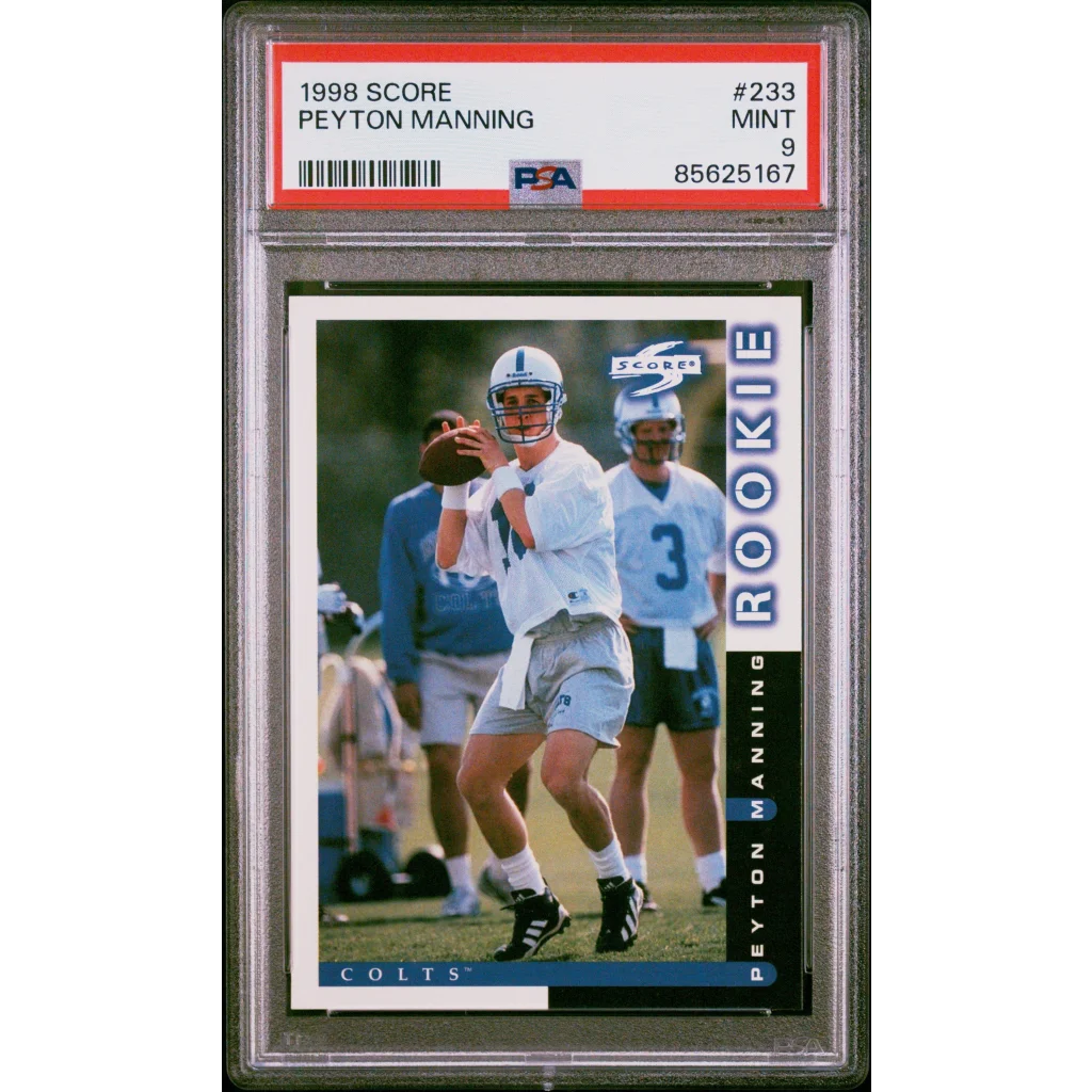 Graded 1998 score peyton manning #233 rookie football card displayed with psa 9 mint condition certification
