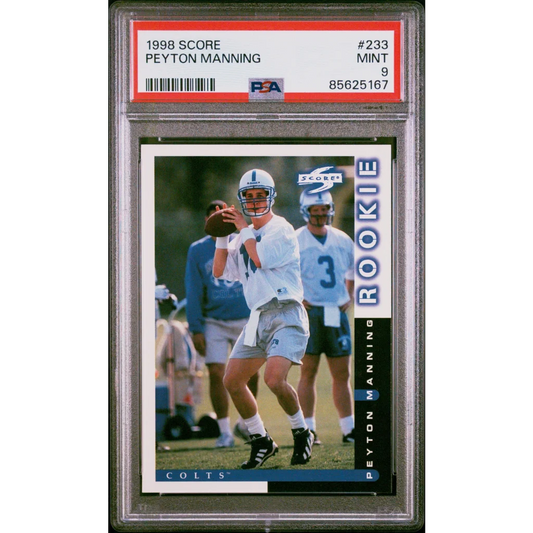 Graded 1998 score peyton manning #233 rookie football card displayed with psa 9 mint condition certification