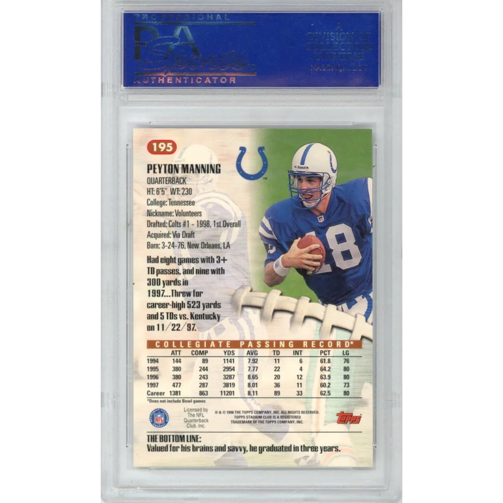 Graded 1998 Stadium Club Peyton Manning #195 Rookie RC PSA 10 Gem Mint Card