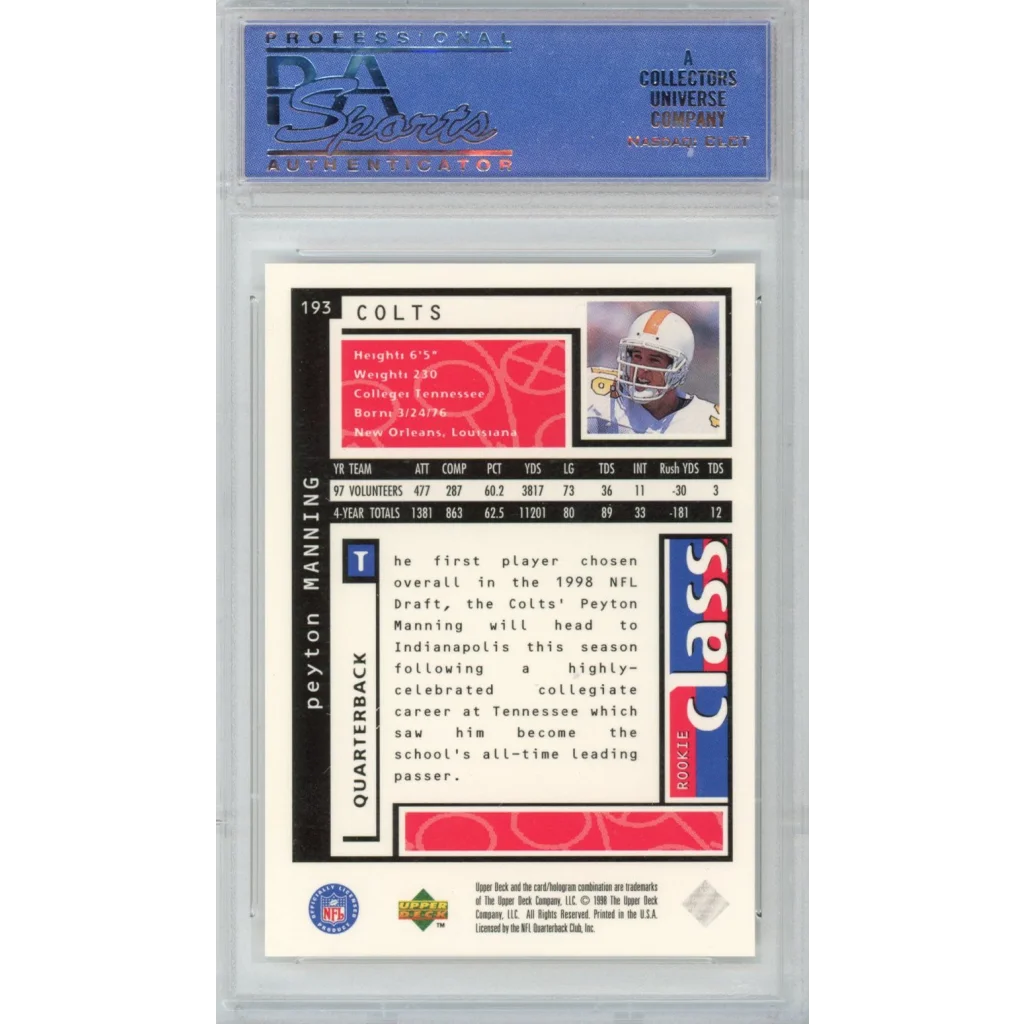 Graded 1998 Upper Deck UD Choice Peyton Manning #193 Rookie RC Football Card PSA 10 Gem Mint | PSA 10 Gem Mint Graded Rookie Card | vintageantiquesgifts.com