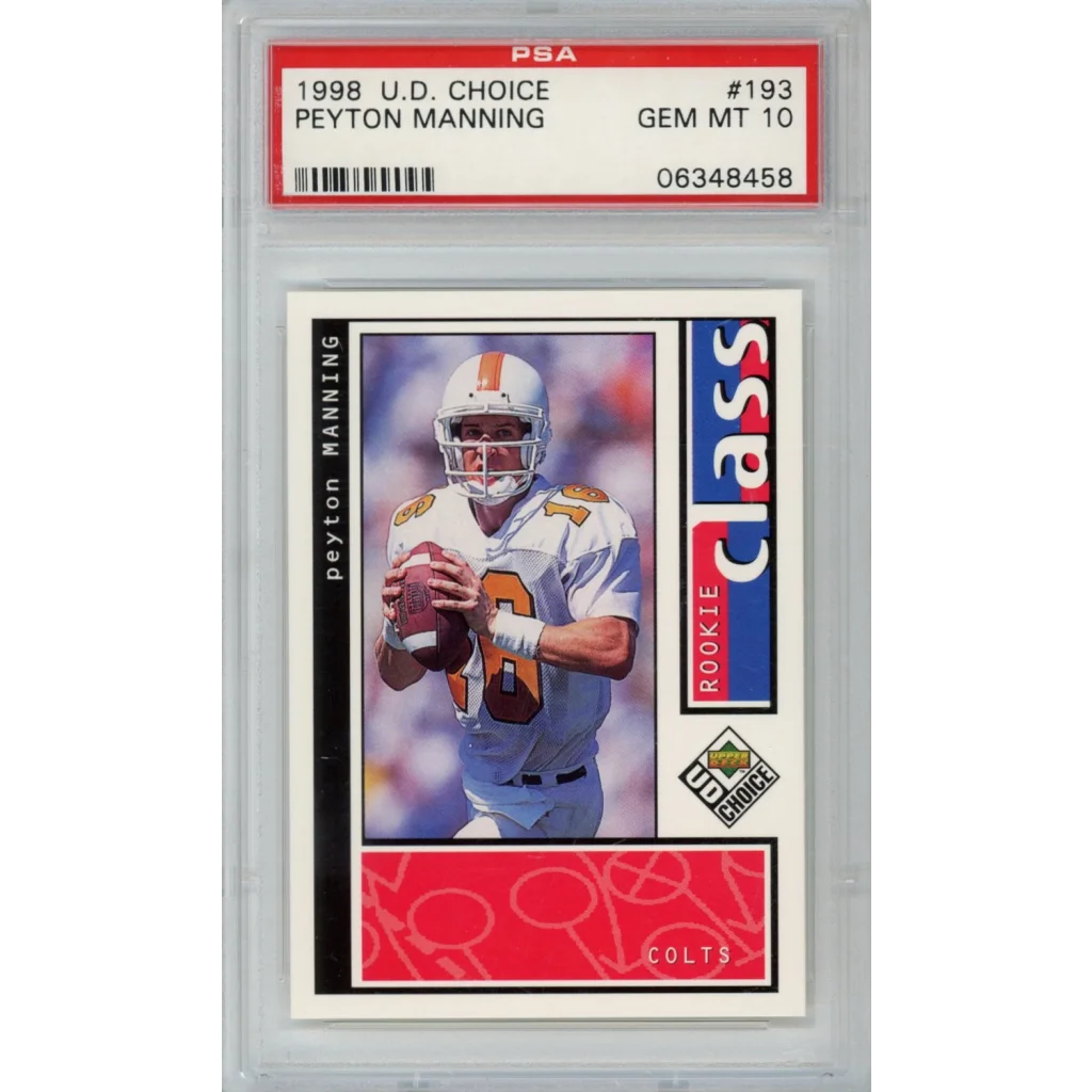 Graded 1998 Upper Deck UD Choice Peyton Manning #193 Rookie RC Football Card PSA 10 Gem Mint | Hall of Fame Sports Memorabilia | vintageantiquesgifts.com