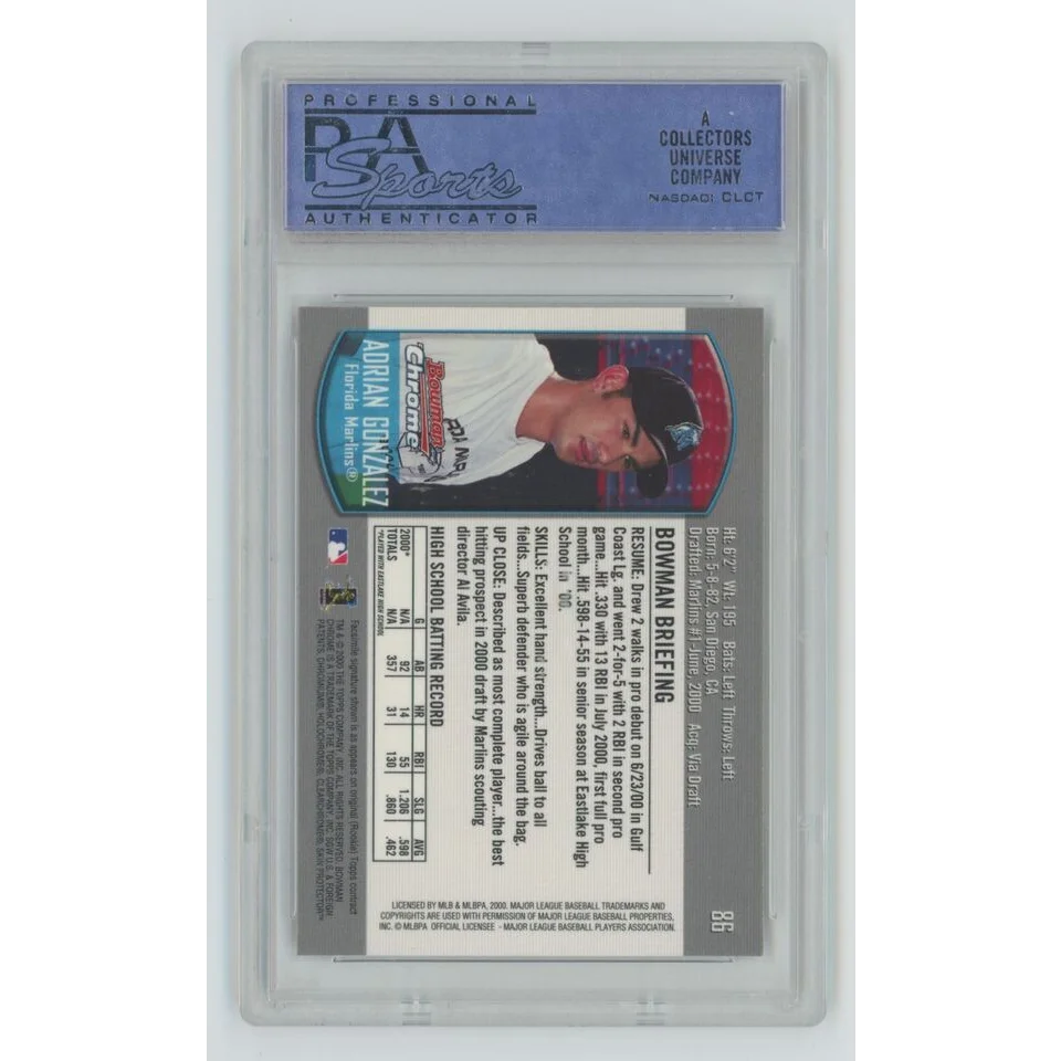 Graded 2000 Topps Bowman Chrome Adrian Gonzalez #86 Draft Picks Rookie RC Baseball Card PSA 10 Gem Mint | PSA 10 Gem Mint Graded Rookie Card | vintageantiquesgifts.com