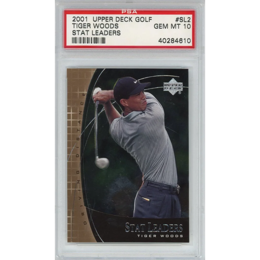 PSA 10 GEM MINT Tiger Woods 2001 Upper Deck Golf Stat Leaders trading card