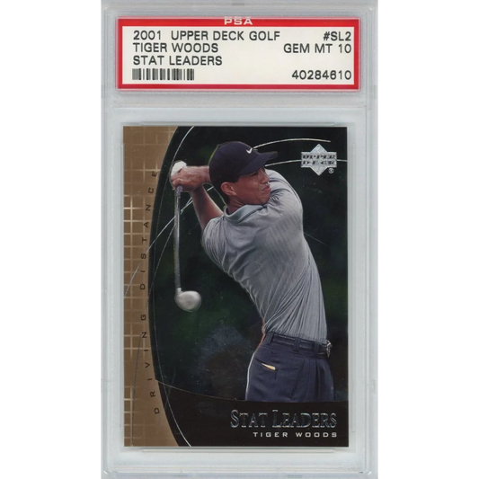 PSA 10 GEM MINT Tiger Woods 2001 Upper Deck Golf Stat Leaders trading card
