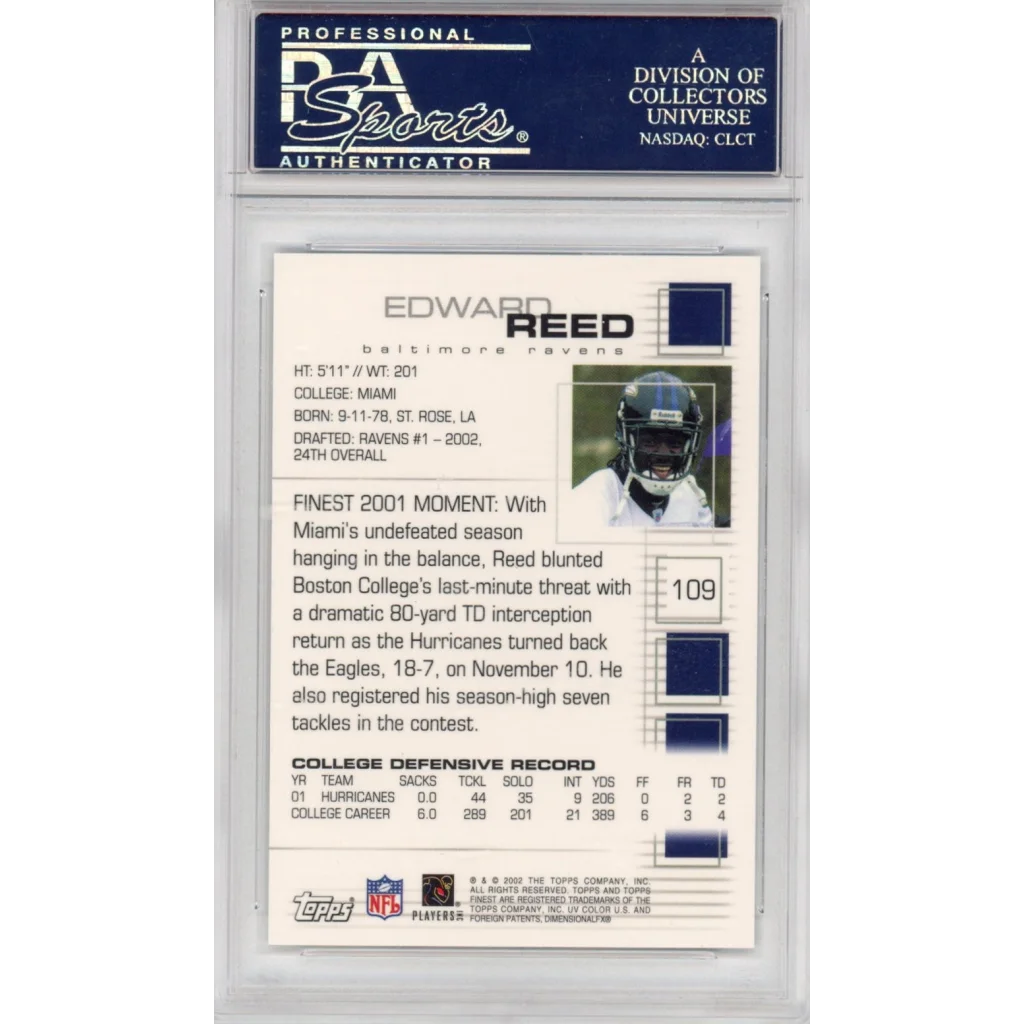 Graded Edward Reed 2002 Finest Rookie Football Card in PSA case