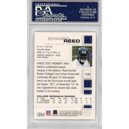 Graded Edward Reed 2002 Finest Rookie Football Card in PSA case