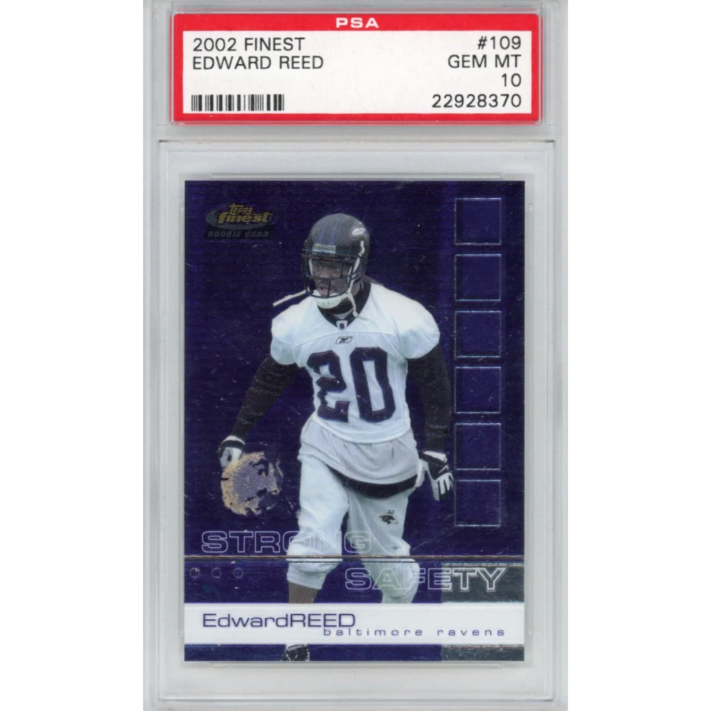 PSA Graded 2002 Finest Edward Reed Rookie Card football card on display