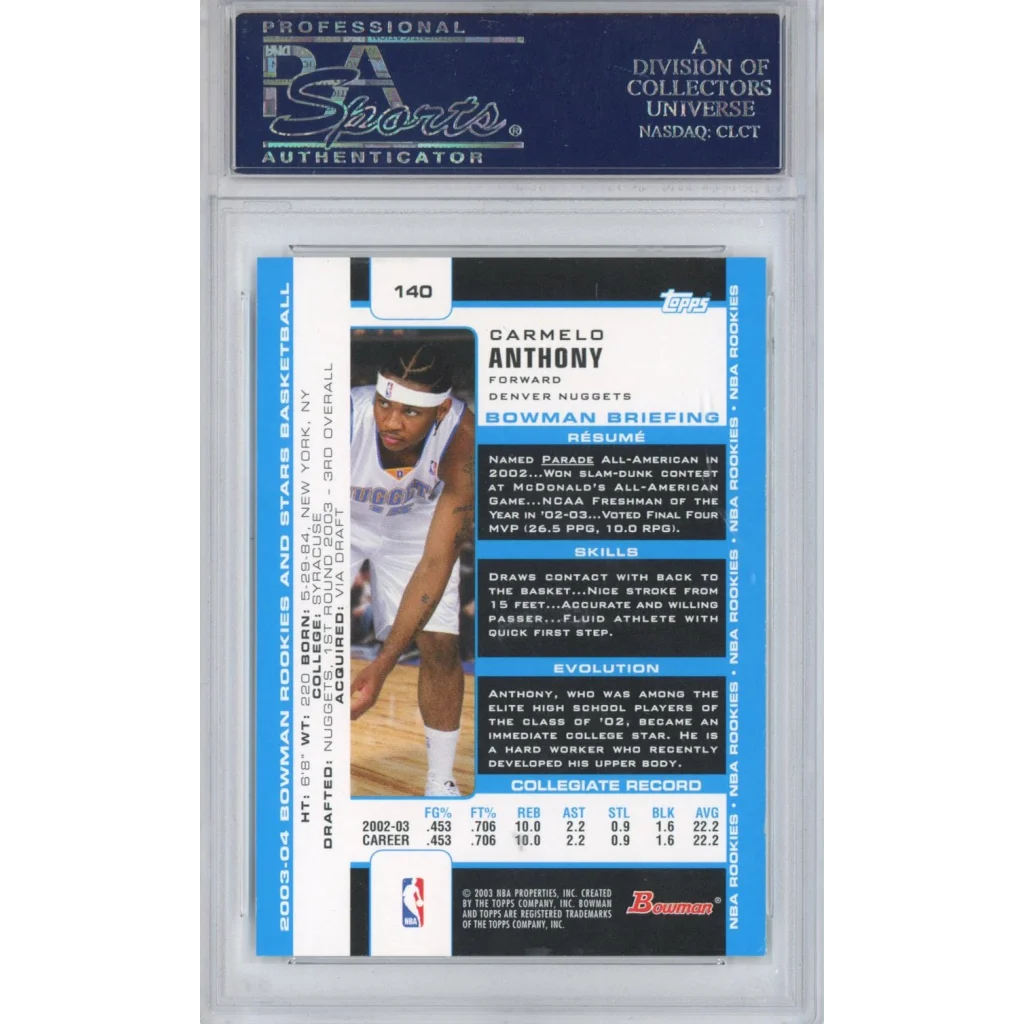 Carmelo Anthony 2003 Bowman Rookies and Stars rookie card graded PSA 10 Gem Mint