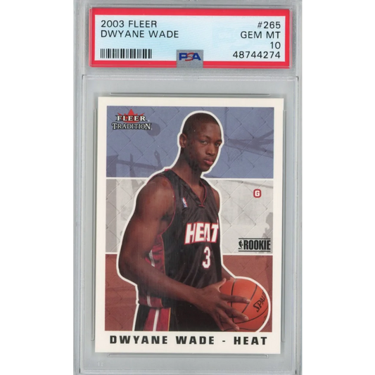PSA-graded 2003 Fleer Tradition Dwyane Wade rookie basketball card on display