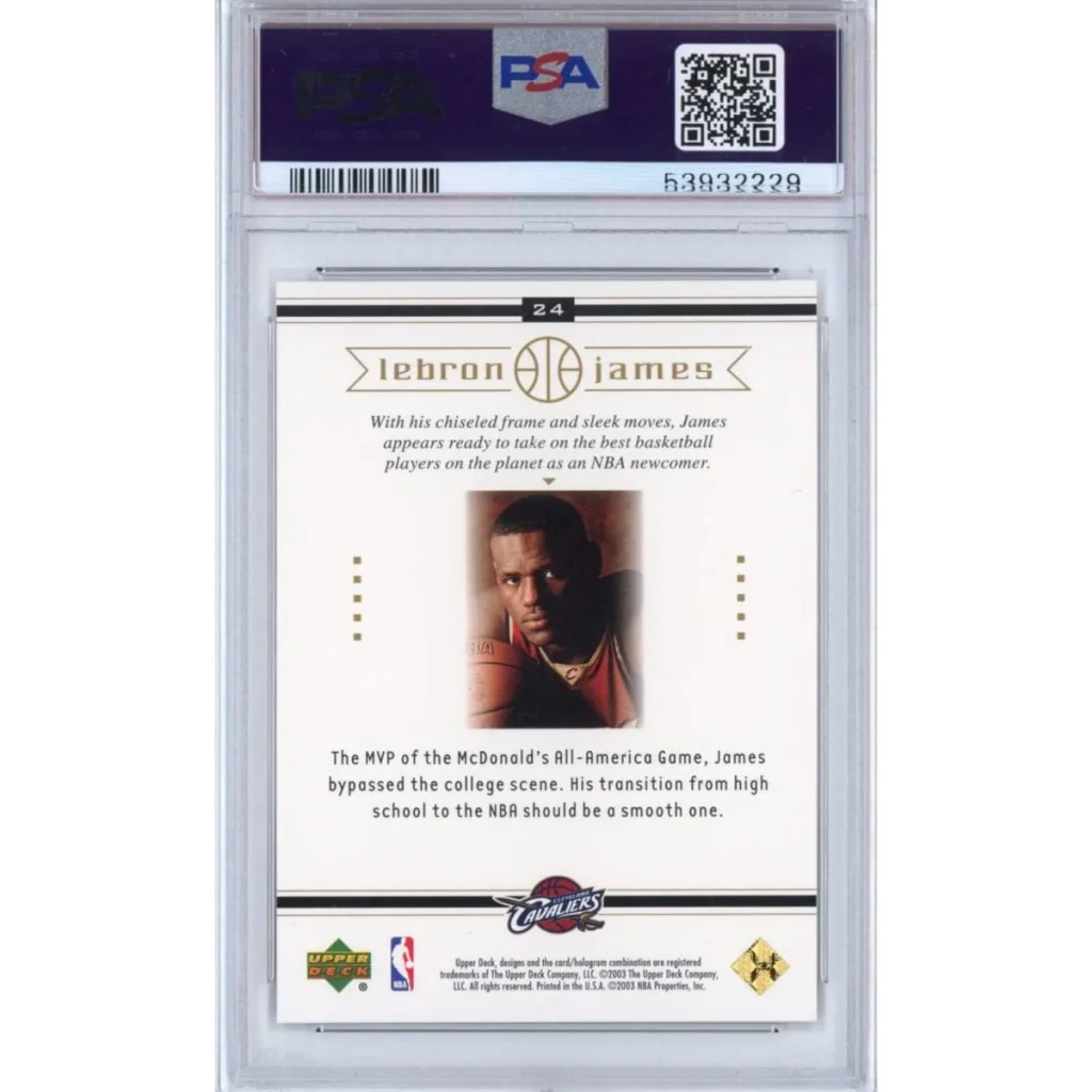 Graded LeBron James 2003 Upper Deck Rookie Card in PSA case for collectors