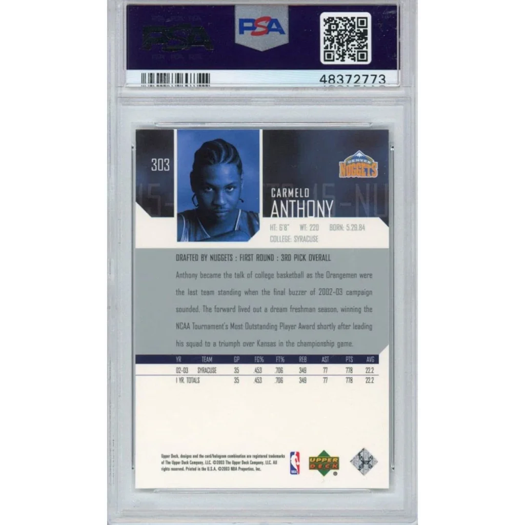PSA 10 Graded 2003-04 Upper Deck Carmelo Anthony #303 Rookie Card Front