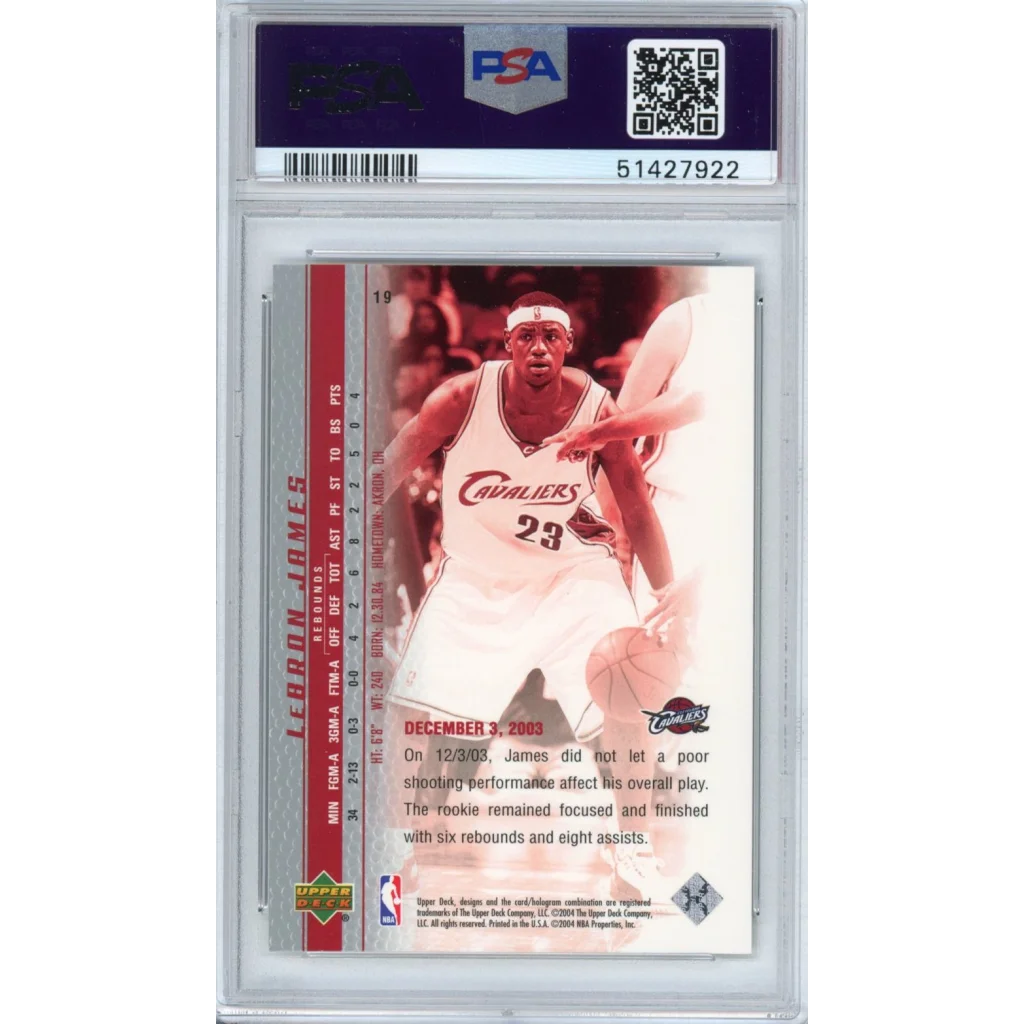 Graded 2003-04 Upper Deck UD LeBron James #19 Phenomenal Beginning Rookie RC Basketball Card PSA 10 Gem Mint | PSA 10 Gem Mint Graded Rookie Card | vintageantiquesgifts.com
