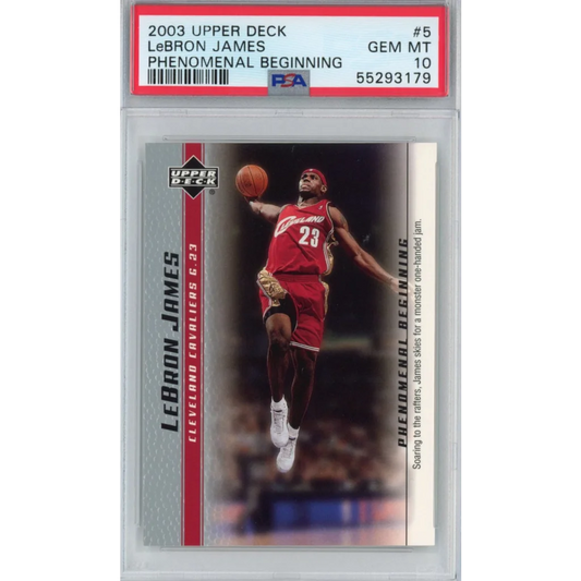 Graded 2003 Upper Deck LeBron James Rookie Card in PSA case
