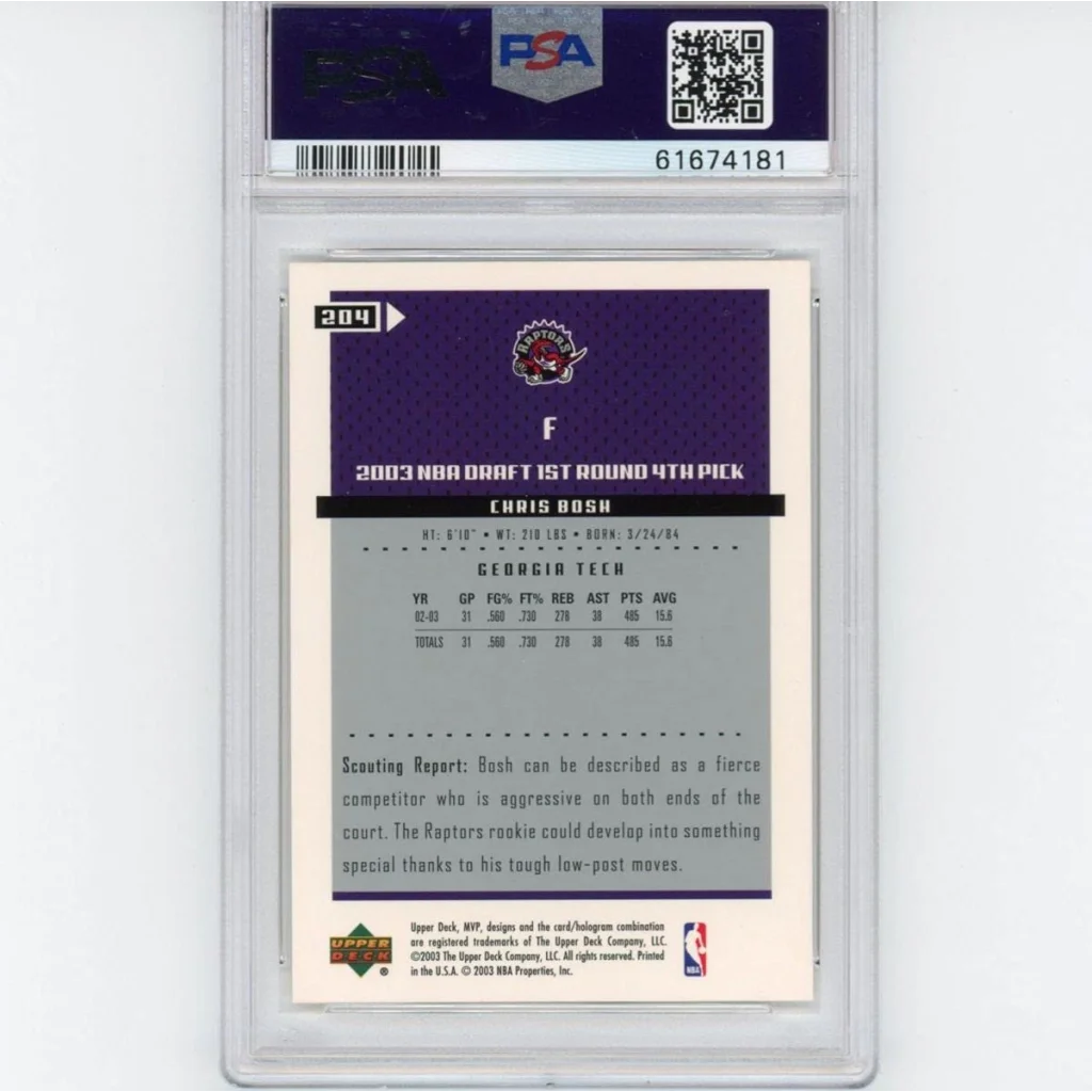 Back of graded 2003 NBA Draft Chris Bosh basketball card showing stats and scouting report