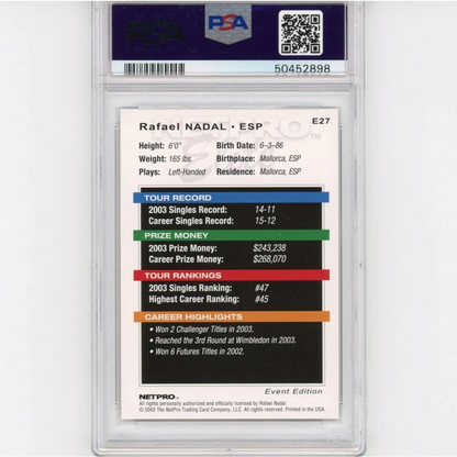 Rafael Nadal trading card in PSA slab from 2003 Netpro Elite tennis collection