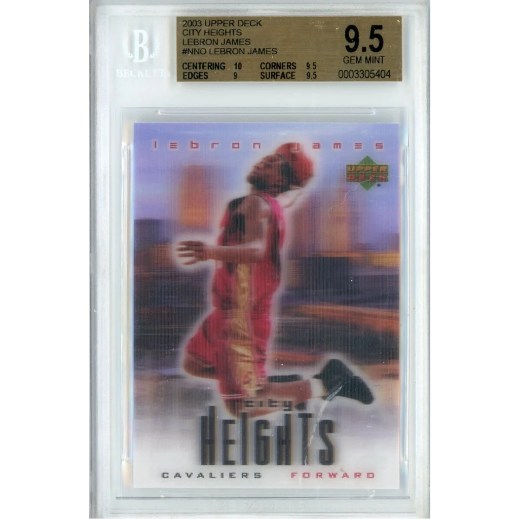 A graded 2003 Upper Deck City Heights LeBron James rookie basketball card