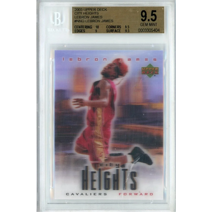 A graded 2003 Upper Deck City Heights LeBron James rookie basketball card