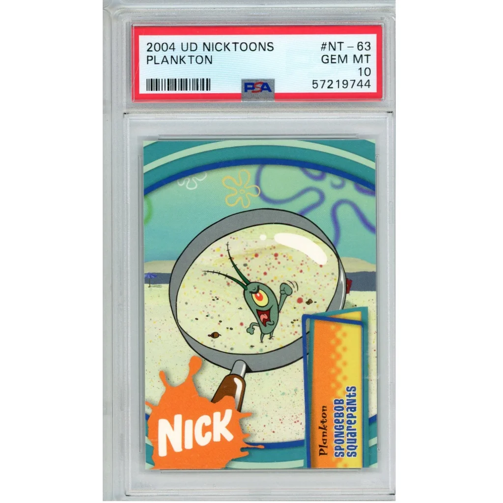 PSA graded Plankton SpongeBob trading card collectible on display