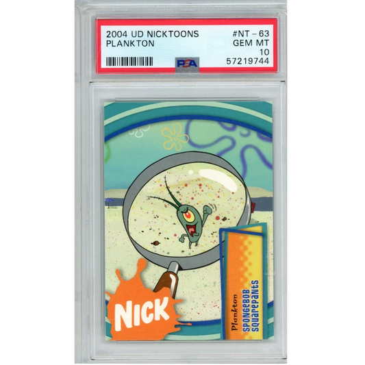 PSA graded Plankton SpongeBob trading card collectible on display