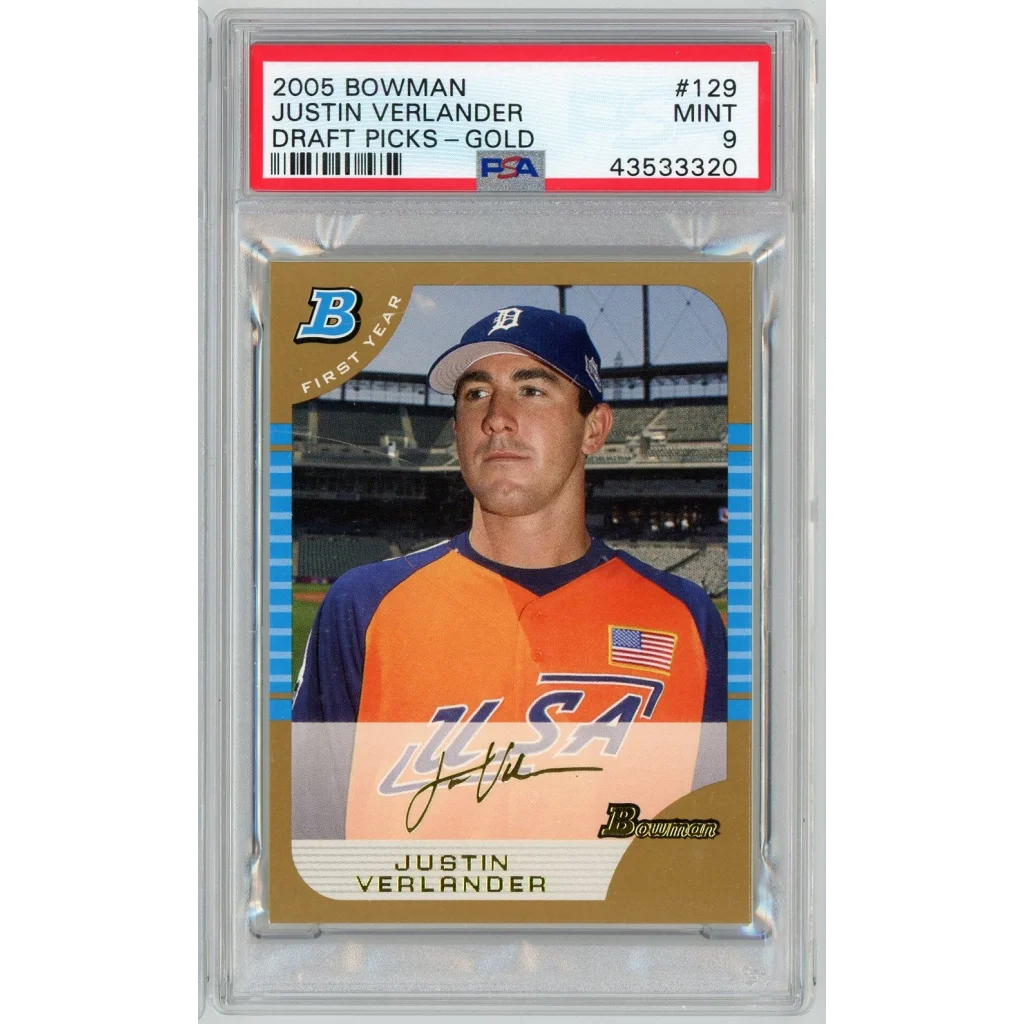 Graded 2005 Bowman Draft Picks Gold Justin Verlander #BDP129 Rookie RC Baseball Card PSA 9 Mint | Hall of Fame Sports Memorabilia | vintageantiquesgifts.com