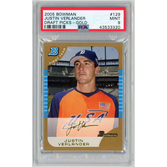 Graded 2005 Bowman Draft Picks Gold Justin Verlander #BDP129 Rookie RC Baseball Card PSA 9 Mint | Hall of Fame Sports Memorabilia | vintageantiquesgifts.com