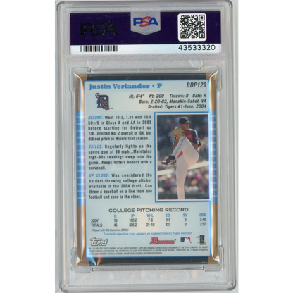 Graded 2005 Bowman Draft Picks Gold Justin Verlander #BDP129 Rookie RC Baseball Card PSA 9 Mint | PSA 9 Mint Graded Rookie Card | vintageantiquesgifts.com