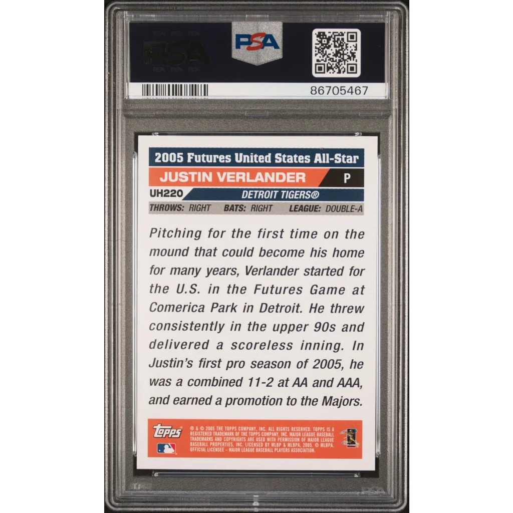 Graded 2005 Topps Justin Verlander rookie baseball card in PSA case
