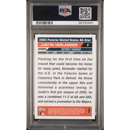 Graded 2005 Topps Justin Verlander rookie baseball card in PSA case