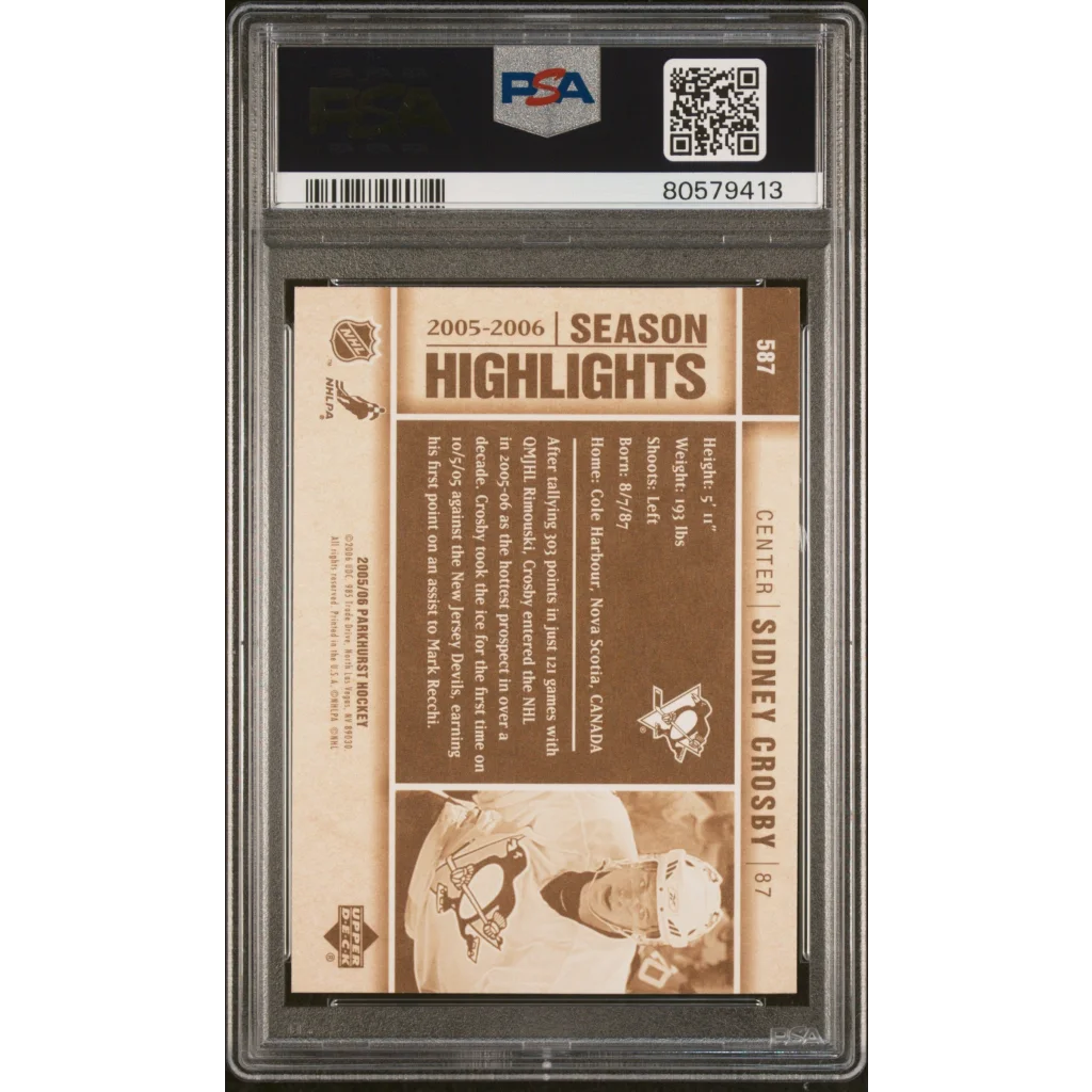 PSA graded 2005 Parkhurst Sidney Crosby rookie hockey trading card image