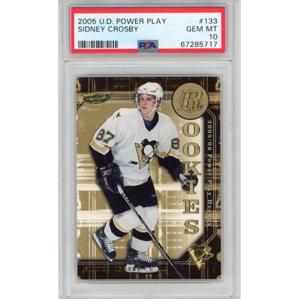 A graded Sidney Crosby 2005-06 Upper Deck Power Play rookie hockey card in PSA holder