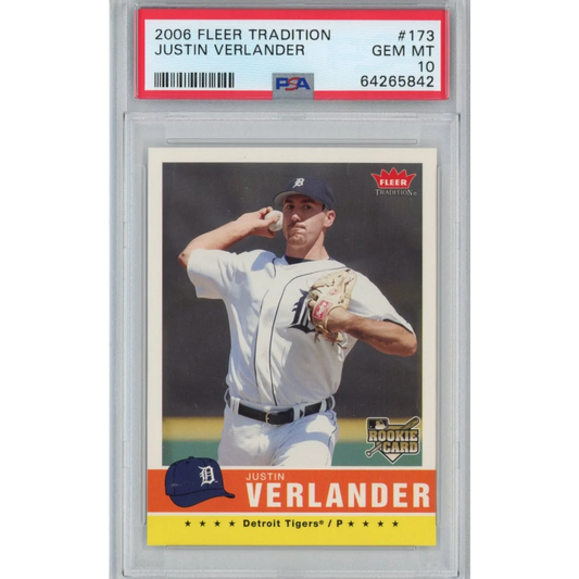 2006 Fleer Tradition Justin Verlander rookie card graded GEM MT 10 by Professional Sports Authenticator