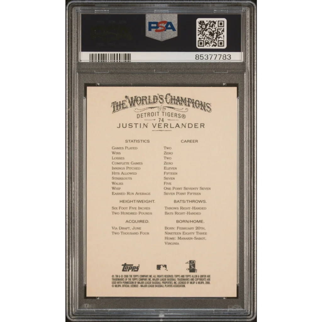 Graded 2006 Topps Allen & Ginter Justin Verlander #74 Rookie RC Baseball Card PSA 10 Gem Mint | PSA 10 Gem Mint Graded Rookie Card | vintageantiquesgifts.com