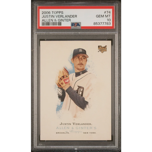 Justin Verlander Ginter rookie sports card GEM MT PSA 10, top graded GEM MINT topp’s allen