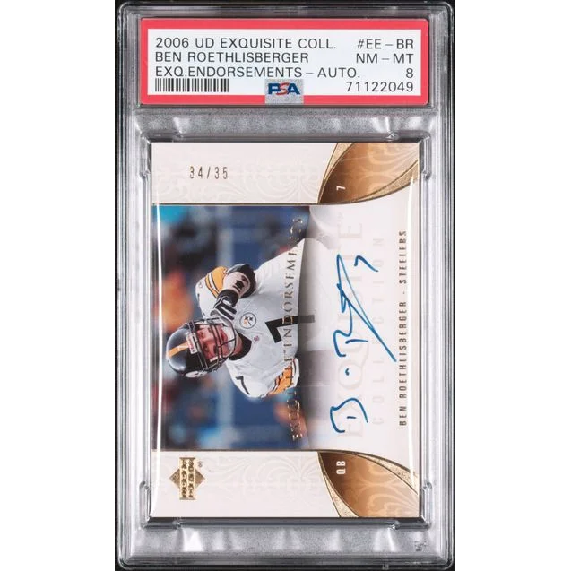 Graded 2006 UD Exquisite Collection Exquisite Endorsements Ben Roethlisberger #EE-BR /35 Autographed Football Card PSA 8 | Hall of Fame Sports Memorabilia | vintageantiquesgifts.com