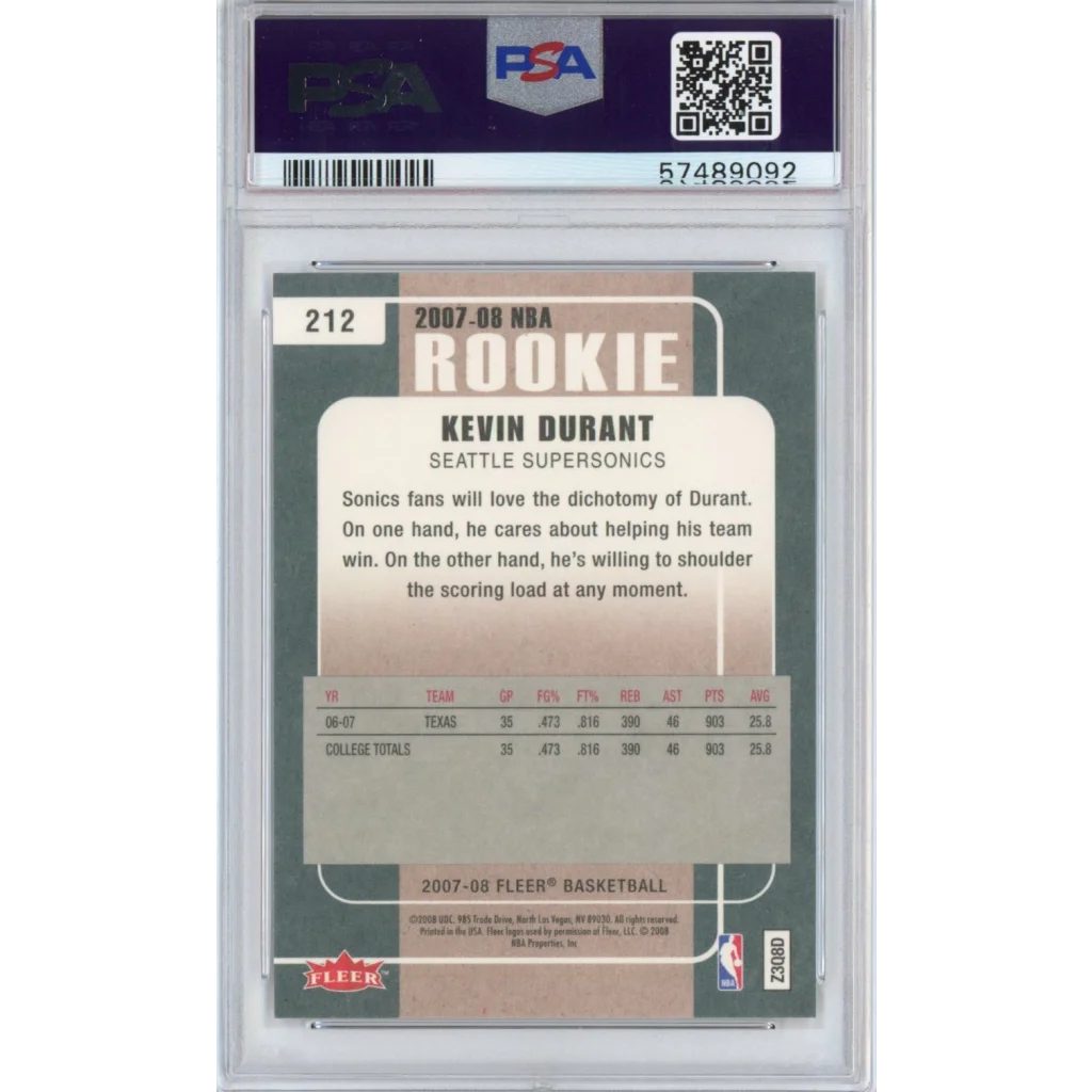 Graded 2007-08 Fleer Kevin Durant #212 Rookie RC Basketball Card PSA 10 Gem Mint | PSA 10 Gem Mint Graded Rookie Card | vintageantiquesgifts.com