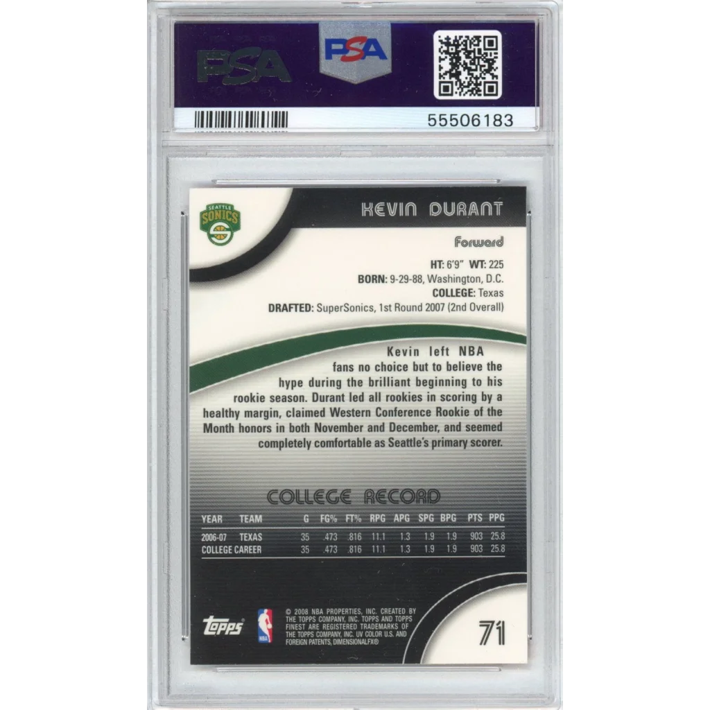 Graded Kevin Durant 2007 Finest Rookie Card in PSA case for collectors