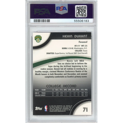 Graded Kevin Durant 2007 Finest Rookie Card in PSA case for collectors