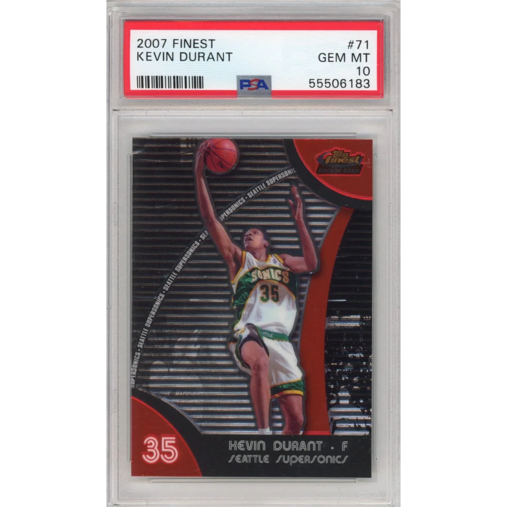 A graded 2007 Finest Kevin Durant rookie basketball card in PSA case