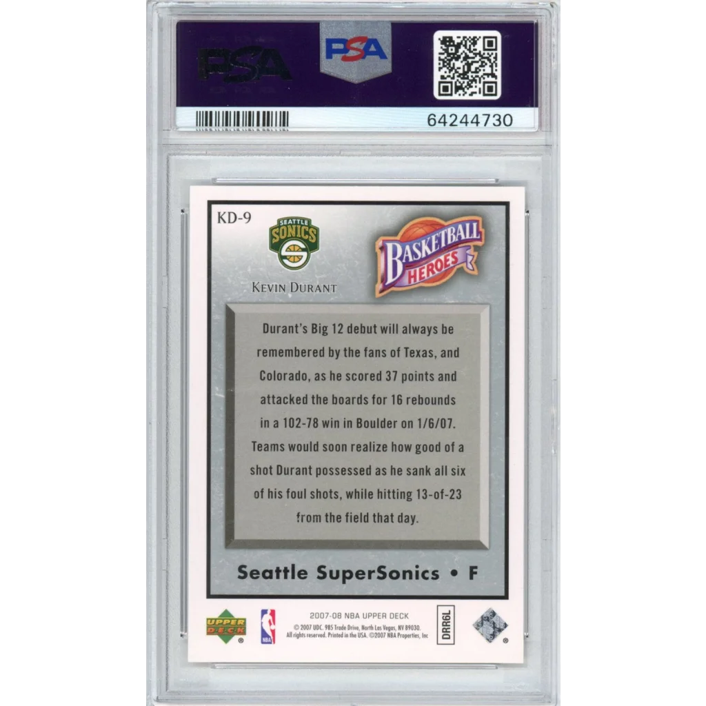 Graded 2007-08 Upper Deck UD NBA Heroes Kevin Durant #KD-9 Rookie RC Basketball Card PSA 10 Gem Mint | PSA 10 Gem Mint Graded Rookie Card | vintageantiquesgifts.com