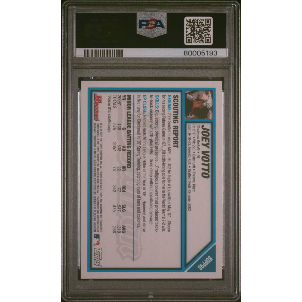 Joey Votto 2007 Bowman Rookie Card in PSA 10 Gem Mint slab for collectors