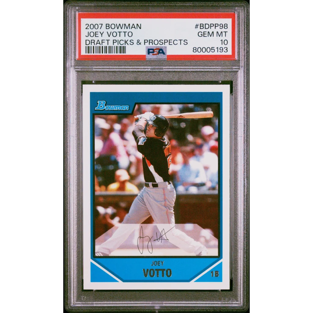 A graded PSA 10 Gem Mint Joey Votto 2007 Bowman Rookie Card BDPP98